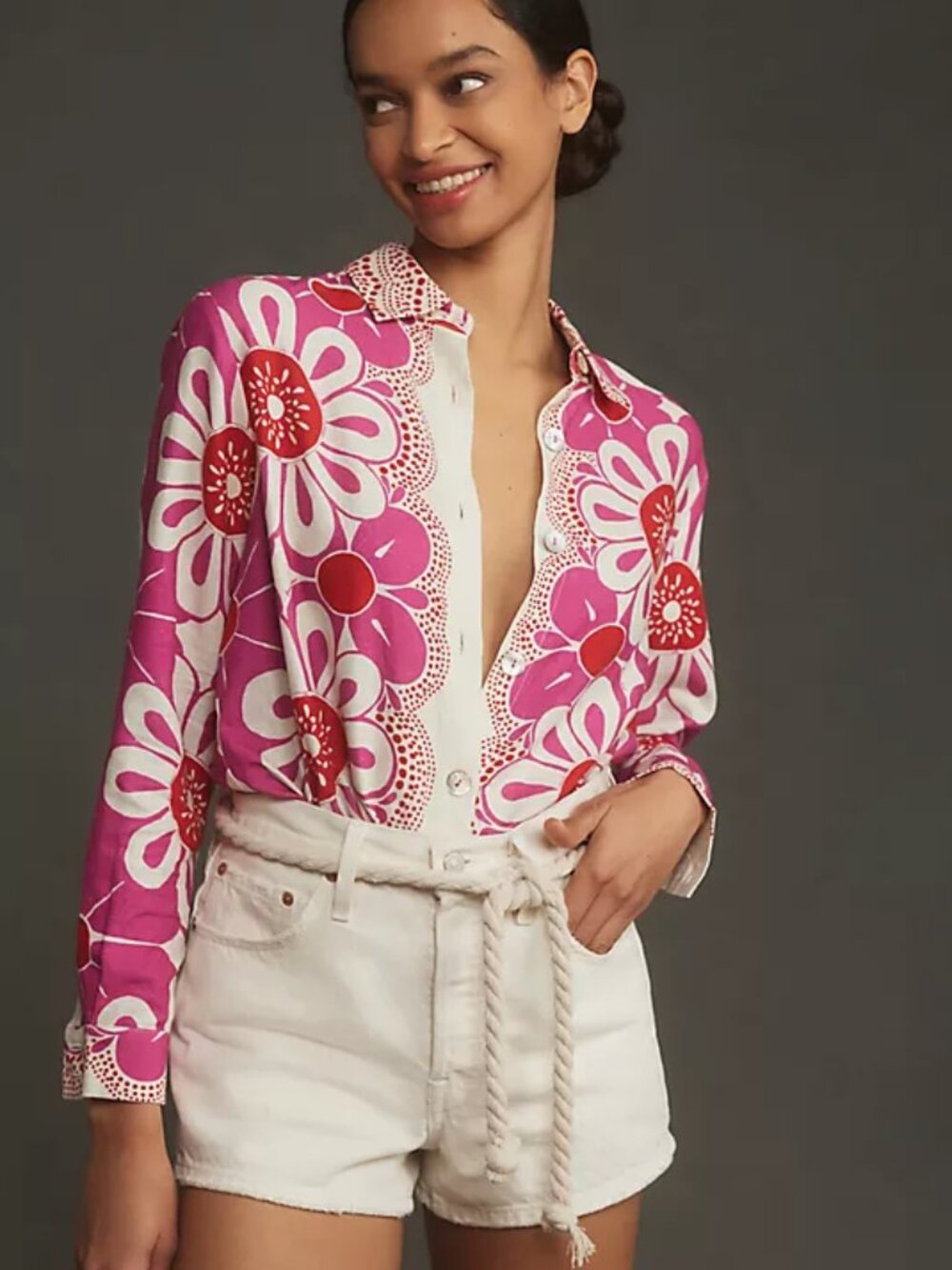 Farm Rio Anthropologie Long Sleeve Linen Tropical Print Buttondown Shirt S
